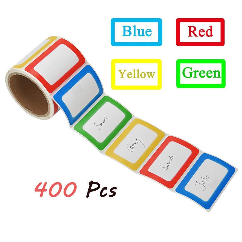 MFLABELÂ® 400 Colorful Name Tags - 3.5"x2.25" Organization Stickers (Red/Yellow/Blue/Green) | Durable, Waterproof & Peel-Stick for Home, Parties | Non-Toxic Adhesive for Clothes - Image 1